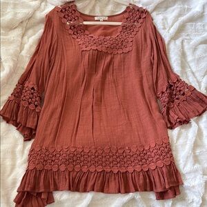 Indigo Soul Orange Red Bell Sleeve Blouse with Ruffled Pleats